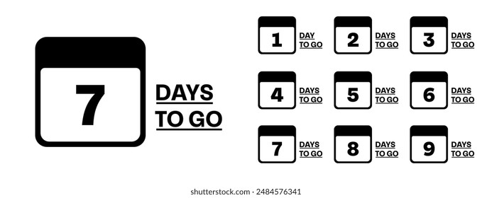 Countdown days to go calendar set. Vector sign for special sale promo. 1, 2, 3, 4, 5, 6, 7, 8, 9.