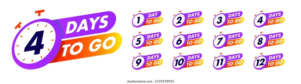 Contagem regressiva dias para ir relógio 1,2,3,4,5,6,7,8,9,10,11,12 distintivo definido para venda, mídia social post, promoção