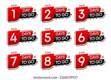 Countdown-Tage für die Veranstaltung. Bannerverkauf. Zeitzählung. Es sind neun, acht, sieben, sechs, fünf, vier, drei, zwei und ein Tag vor uns. Vektorgrafik.