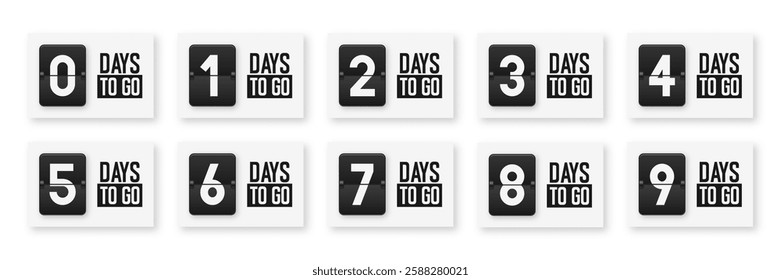Countdown days to go, days left banner. Countdown days remaining banner in a retro flip clock style. Promotional banner showcasing days to go. Stylized counter and timer in vintage style. Vector