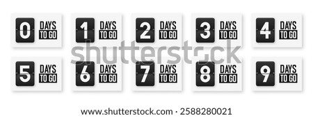 Countdown days to go, days left banner. Countdown days remaining banner in a retro flip clock style. Promotional banner showcasing days to go. Stylized counter and timer in vintage style. Vector