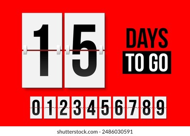 Countdown days to go poster. Count time display with all numbers from zero to nine. Sales or promotion clock. Realistic vector illustration isolated on red.