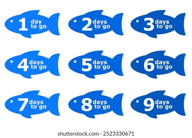 Countdown Days To Go Set. Countdown Timer with fish badge Vector Design on White Background. suitable for fishing day or ocean day event or conservation event