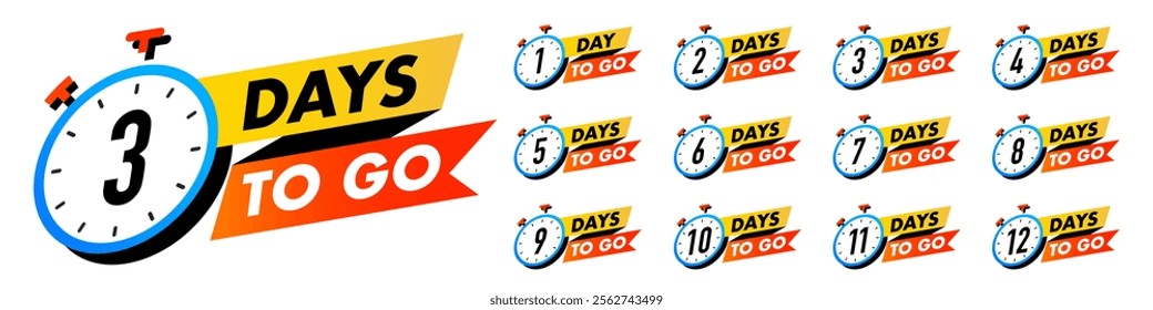 Countdown days to go vector 1,2,3,4,5,6,7,8,9,10,11,12 badge set