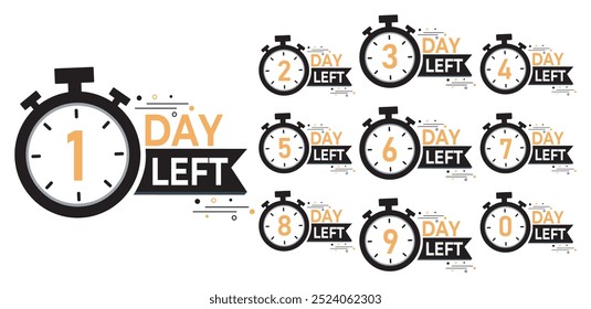 Los días de cuenta regresiva dejaron Anuncio. 0, 1, 2, 3, 4, 5, 6, 7, 8, 9 días restantes icono en estilo plano. Cálculo del tiempo de venta. Concepto de negocio de signo de temporizador de promoción de venta.