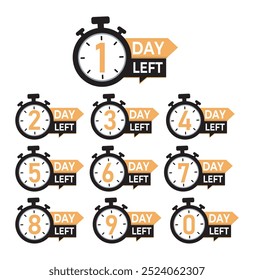 Los días de cuenta regresiva dejaron Anuncio. 0, 1, 2, 3, 4, 5, 6, 7, 8, 9 días restantes icono en estilo plano. Cálculo del tiempo de venta. Concepto de negocio de signo de temporizador de promoción de venta.