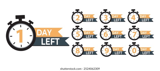 Los días de cuenta regresiva dejaron Anuncio. 0, 1, 2, 3, 4, 5, 6, 7, 8, 9 días restantes icono en estilo plano. Cálculo del tiempo de venta. Concepto de negocio de signo de temporizador de promoción de venta.