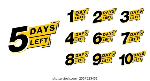 Countdown days left banner. set of number 10-1 days to go badges. countdown icon isolated with ribbon on white background. promotion sale offer deal timer. vector illustration