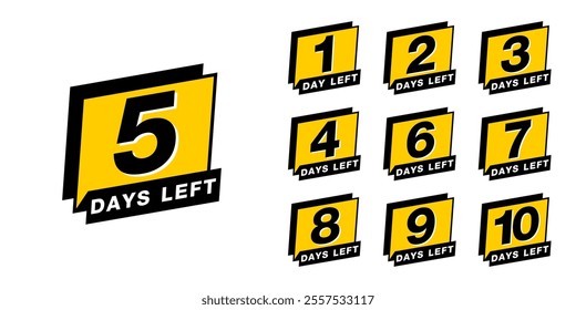 Countdown days left banner. set of number 10-1 days to go badges. countdown icon isolated on white background. promotion sale offer deal timer. vector illustration