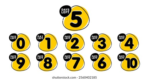 Countdown days left banner. set of number 10-1 days to go badges. countdown icon isolated with organic shapes on white background. promotion sale offer deal timer. vector illustration