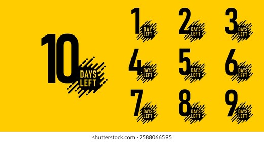 Countdown days left banner. set of number 10-1 days to go badges. countdown icon isolated with diagonal rounded lines on yellow background. promotion sale offer deal timer. vector illustration