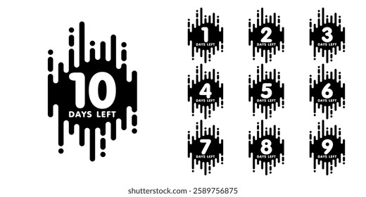 Countdown days left banner. set of number 10-1 days to go badges. countdown icon isolated with vertical rounded lines geometric shape. promotion sale offer deal timer. black and white logo.