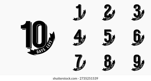 Countdown days left banner. set of number 10-1 days to go badges. countdown icon isolated with ribbon on white background. promotion sale offer deal timer.