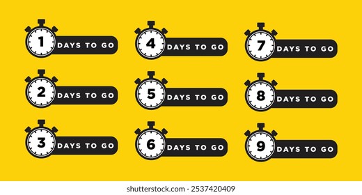 Los días de cuenta regresiva dejaron Anuncio. Hora de venta. Quedan nueve, ocho, siete, seis, cinco, cuatro, tres, dos, un día. Cálculo del tiempo de venta. Quedan días.