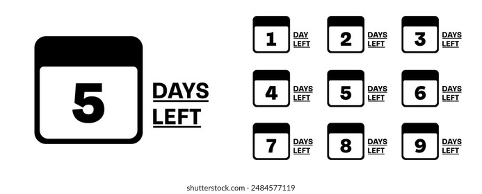 Countdown days left calendar set. Vector sign for special sale promo. 1, 2, 3, 4, 5, 6, 7, 8, 9.