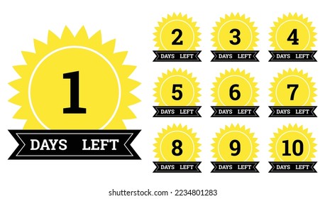 Countdown of days. Number 1, 2, 3, 4, 5, 6, 7, 8, 9, 10, of days left to go. Promotional banners. Price offer promo deal timer, few day only. Stylized counter in black and yellow colors