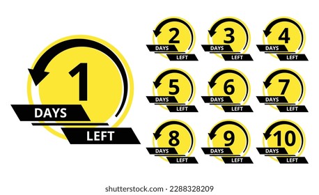 Countdown der Tage. Zahl 1, 2, 3, 4, 5, 6, 7, 8, 9, 10 der Tage, die noch zu gehen sind. Werbebanner. Preis bieten Werbeaktion Timer, nur wenige Tage. Stiltheke in schwarz-gelb Farben