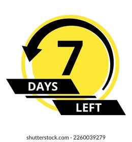 Cuenta regresiva de días. Faltan 7 días para ir. Cartel promocional. Temporizador de ofertas promocionales de precio, sólo siete días. Contador estilizado en colores negro y amarillo
