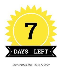 Countdown of days. Number 7 of days left to go. Promotional banner. Price offer promo deal timer, seven day only. Stylized counter in black and yellow colors