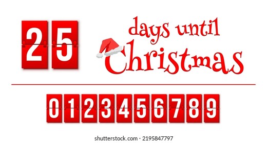 Countdown of days until Christmas, advent calendar with flip numbers template vector illustration. Red text with Santa hat and Christmas holiday and events counter with numbers change from 0 to 9