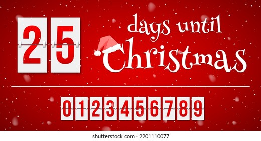 Countdown of days until Christmas, advent calendar with flip numbers template vector illustration. Red and white text with Santa hat and Christmas holiday and events counter with numbers from 0 to 9.