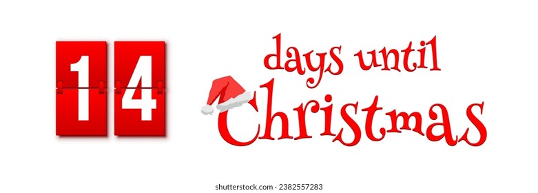 Countdown of days until Christmas, advent calendar with flip numbers template vector illustration. Red vintage text with Santa hat. 14 days until Christmas.