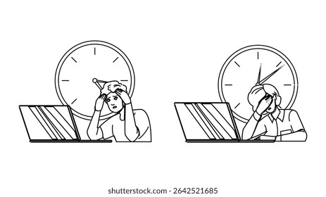 countdown deadline clock vector. hour alert, minute sign, flat work countdown deadline clock character. people black line pencil drawing illustration