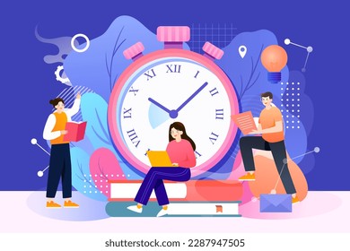Countdown to exam people are studying, clock and plants in the background, vector illustration