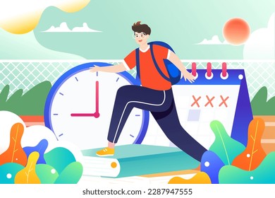 Countdown to exam people are studying, clock and plants in the background, vector illustration