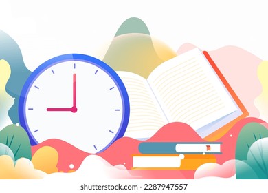 Countdown to exam people are studying, clock and plants in the background, vector illustration