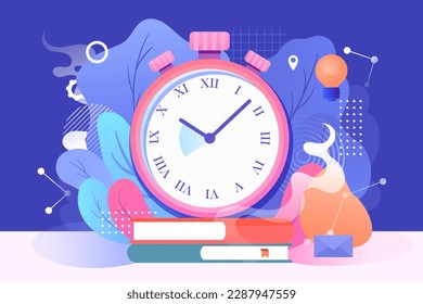 Countdown to exam people are studying, clock and plants in the background, vector illustration