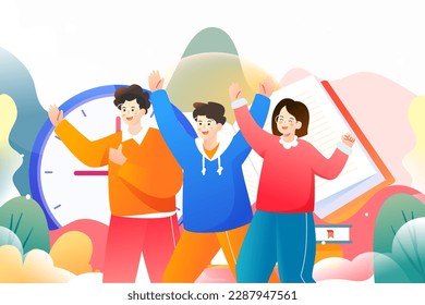 Countdown to exam people are studying, clock and plants in the background, vector illustration