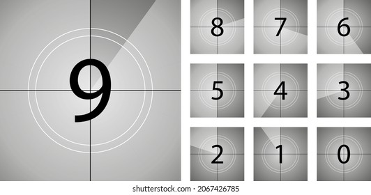 Countdown In Film With Number From 9 To 0. Count Of Movie Or Video On Cinema Screen. Animation Background With Counter. Start Time Of Movie In Vintage Style. Clock Of Countdown. Vector.