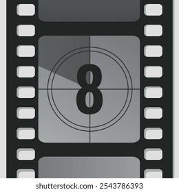 Countdown film strip frame with number eight. Retro cinema movie timer counter. Vector illustration