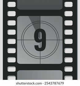 Contagem regressiva de filme tira quadro com número nove. Contador do temporizador de filmes do cinema retrô. Ilustração vetorial