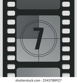 Countdown film strip frame with number seven. Retro cinema movie timer counter. Vector illustration