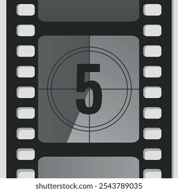 Countdown film strip frame with number five. Retro cinema movie timer counter. Vector illustration