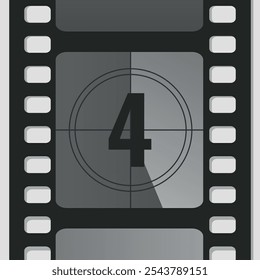 Countdown film strip frame with number four. Retro cinema movie timer counter. Vector illustration
