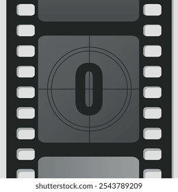 Quadro de tira de filme de contagem regressiva com número zero. Contador do temporizador de filmes do cinema retrô. Ilustração vetorial