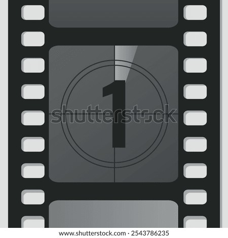 Countdown film strip frame with number one. Retro cinema movie timer counter. Vector illustration