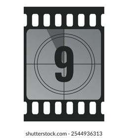 Countdown filmstrip frame com número nove. Contador do temporizador de filmes do cinema retrô. Ilustração vetorial