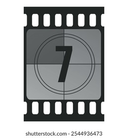 Countdown filmstrip frame piece with number seven. Retro cinema movie timer counter. Vector illustration