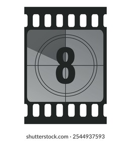 Countdown filmstrip frame piece with number eight. Retro cinema movie timer counter. Vector illustration