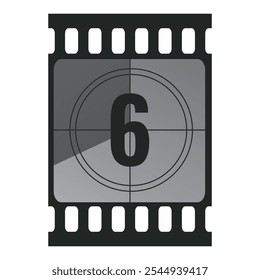 Countdown filmstrip frame piece with number six. Retro cinema movie timer counter. Vector illustration