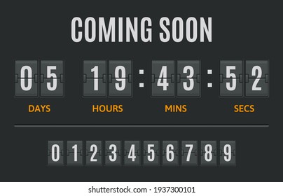 Countdown flip timer. Flip clock days, hours and minutes counter, flipclock counting display. Date timer retro display vector illustration set