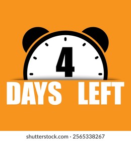 Countdown four days. Bold number four icon. Alarm clock reminder. Bright orange background.