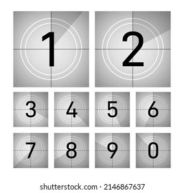 Countdown frames. Retro cinema numbers, abstract film count. Vintage classic tv movie animation. Old grey motion timer, counter exact vector set