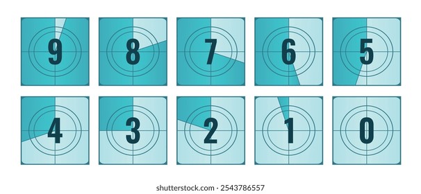 Countdown frames set. Old movie timer counter. Retro cinema countdown backgrounds. Vector illustration