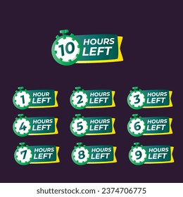 Cuenta regresiva de Horas 1,2,3,4,5,6,7,8,9,10 Horas insignia. Horas de barra izquierda para promoción, oferta promocional. Insignia plana con número de tiempo de conteo.