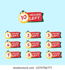Countdown of Hours 1,2,3,4,5,6,7,8,9,10 Hours left badges. Hours left counter icon for promotion, promo offer. Flat badge with number of count down time.